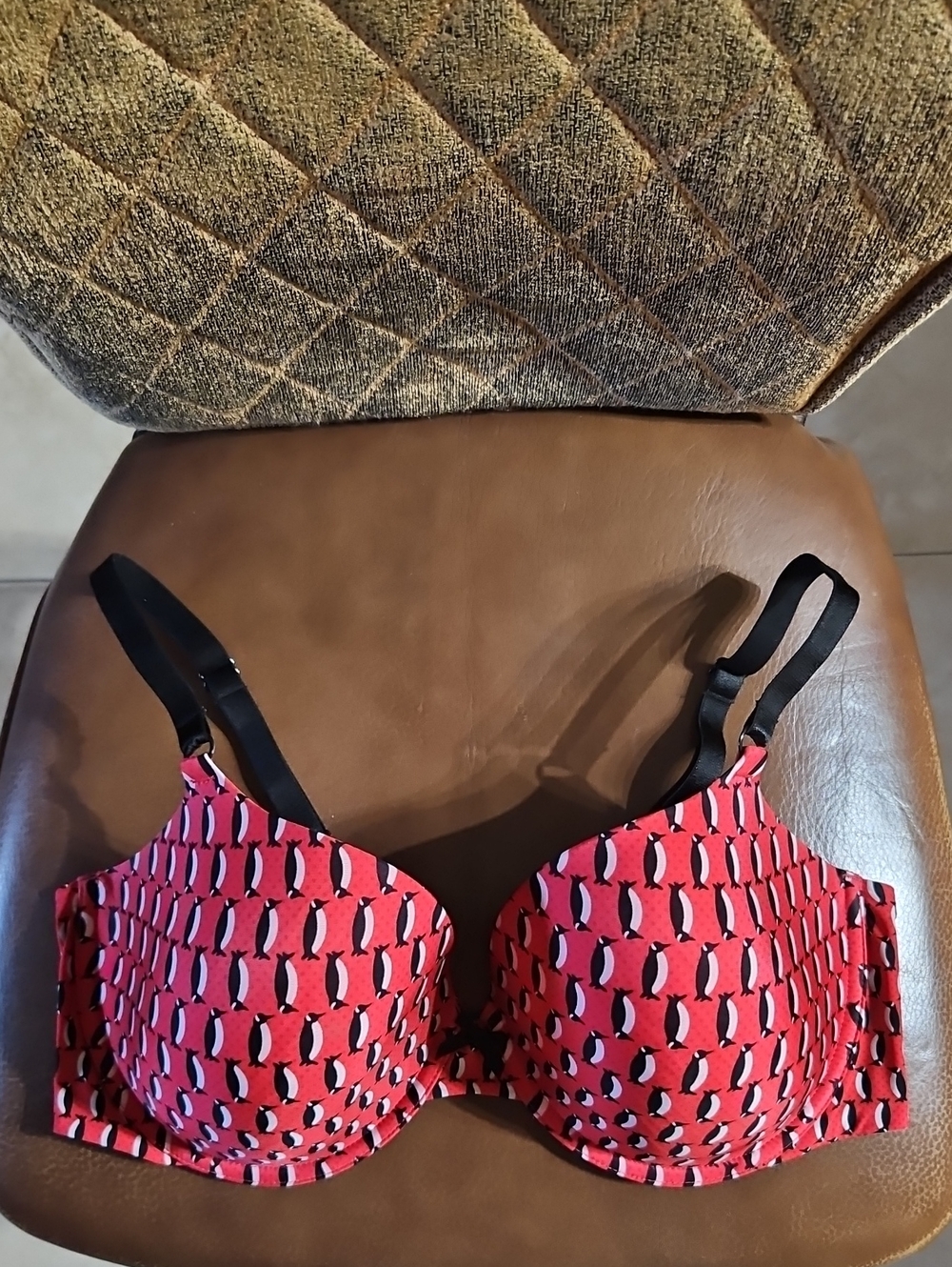 Victoria's Secret Demi T-Shirt Underwire Red Christmas Penguin Bra Lightly Lined